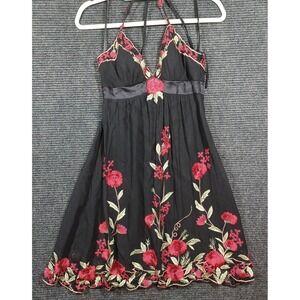 Sue Wong Silk Halter Dress Womens 2 Black Excellent Floral Embroidered Beaded